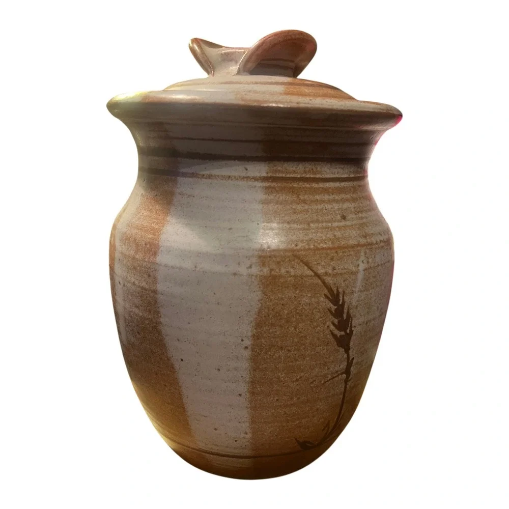 Vintage Studio Pottery Signed Wheat Canister Lidded Jar Terracotta Rustic 8in